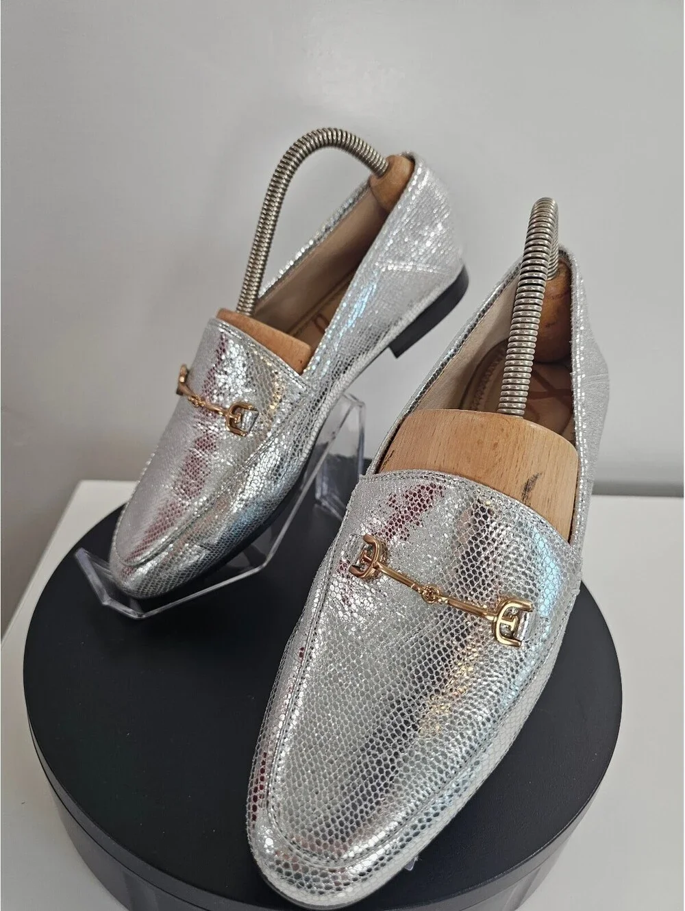 Sam Edelman Silver Metallic Loafers with Gold Buckle Detail
